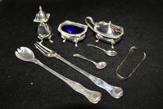 3 piece silver condiment set and a pair of silver servers and tongs